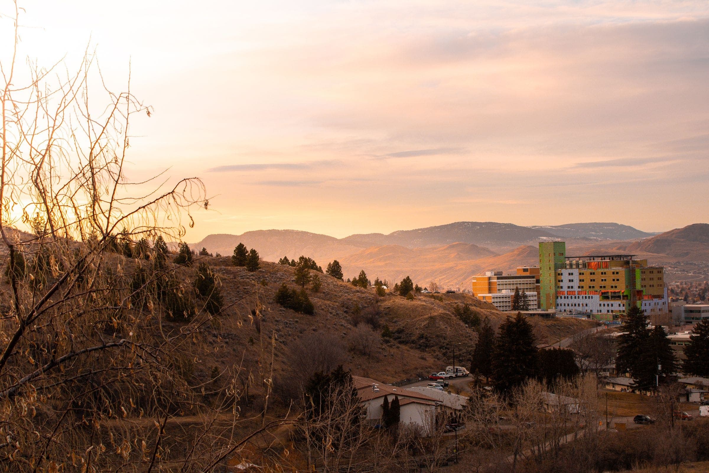 Dry hillside on Black Mountain above town buildings at sunset